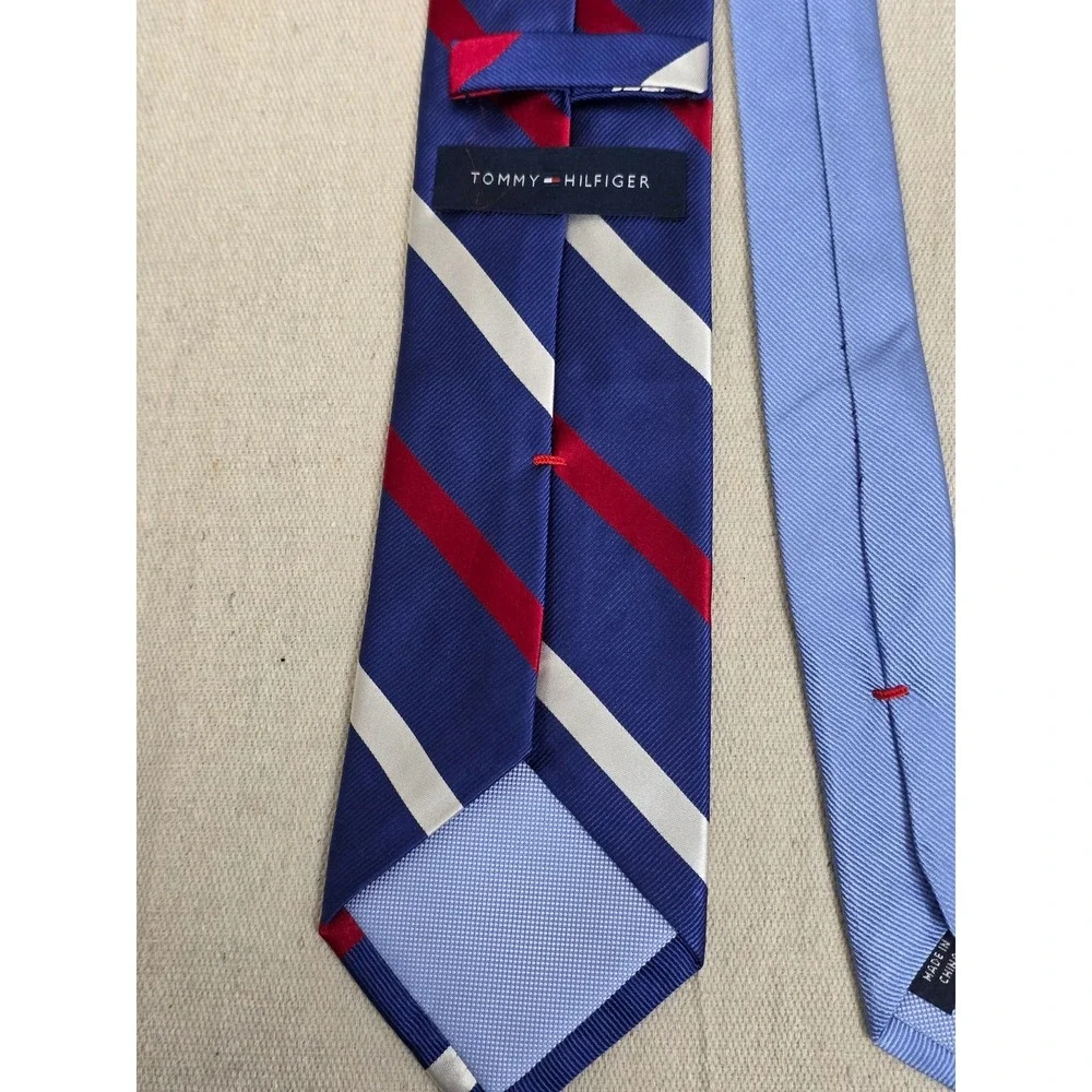 Tommy‎ Hilfiger Mens Silk Necktie Navy Blue Red White Striped Regimental Tie